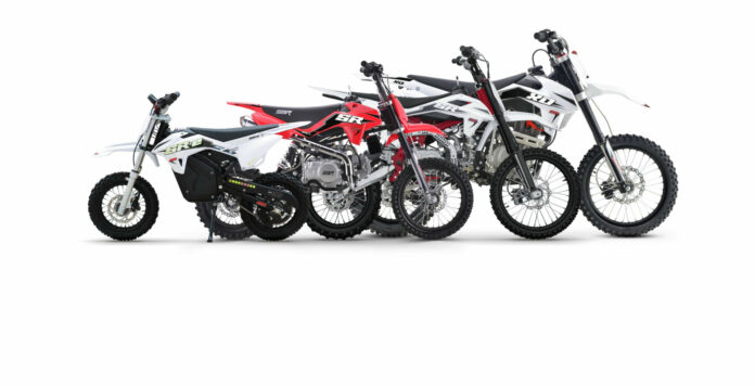 (From left) SSR Motorsports' 2025 SR-E500 electric pit bike, SR125ME, SR140R, and XD250. Photo courtesy SSR Motorsports.