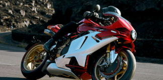A 2025 MV Agusta Superveloce 1000 Serie Oro at speed. Photo courtesy MV Agusta.