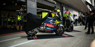 The Pertamina Enduro VR46 Racing Team prepare to unveil their special livery on pit lane at Silverstone. Photo courtesy VR46 Racing Team.
