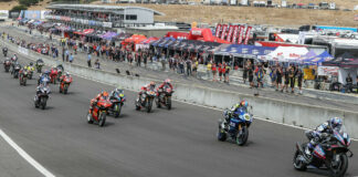 Cameron Beaubier (6) leads the start of MotoAmerica Superbike Race One at WeatherTech Raceway Laguna Seca in July 2023. Photo by Brian J. Nelson.