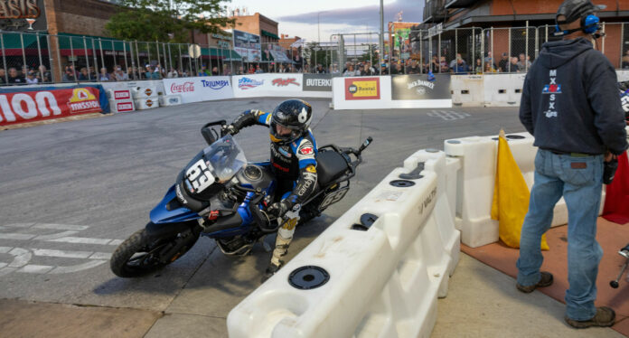Sammy Halbert (69) on his way to victory in the inaugural AFT AdventurerTrackers race at the Sturgis TT. Photo by Tim Lester, courtesy Triumph.