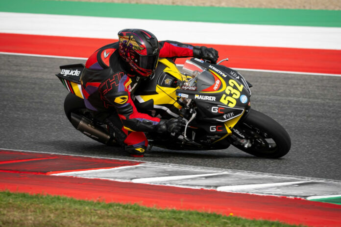 Dr. Carl Price, MD (532) in action at the Mugello Circuit, during an Aprilia RS 660 Trofeo event at a round of the CIV/Italian National Championship. Photo courtesy Dr. Carl Price.