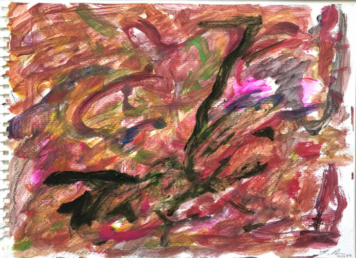 This Larry Poons original 2018 matted-and-framed watercolor and pencil on paper piece of art will be auctioned during the Barber Vintage Festival to benefit AHRMA. Image courtesy AHRMA.