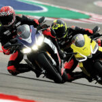 Keith Culver and Robertino "Tino" Pietri riding during an Aprilia Racers Day Track Day/RideSmart Motorcycle School event at COTA. Photo by Patrick Strzelecki/Aprilia.