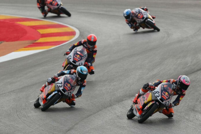 Alvaro Carpe (83) leads, Valentin Perrone (73), Brian Uriarte (51), Rico Salmela (27) and Ruché Moodley (11) at MotorLand Aragon. Photo courtesy Red Bull.