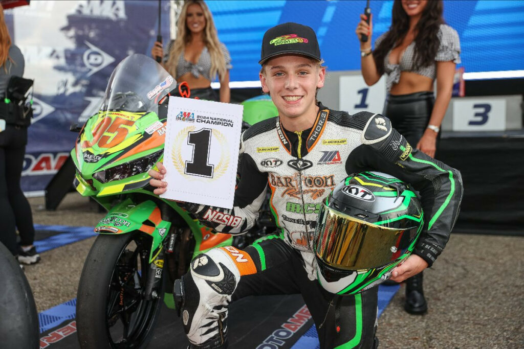 Matthew Chapin wrapped up the 2024 MotoAmerica Junior Cup Championship at Mid-Ohio on Sunday. Photo by Brian J. Nelson.