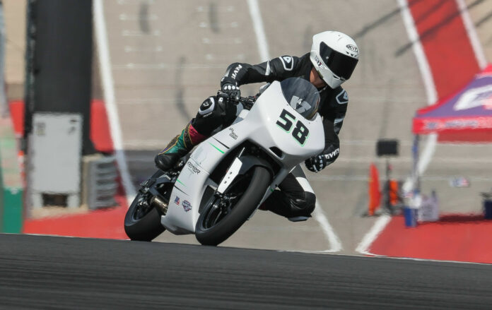A Krämer test rider wearing a Rev'It! suit while testing the Krämer APX-350 MA prototype at the Circuit of The Americas. Photo by Brian J. Nelson, courtesy Krämer Motorcycles.