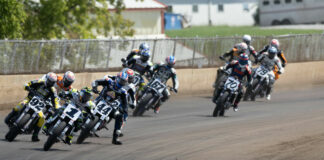 American Flat Track: Springfield Mile I & II Race Report Jared Mees (1) leads the field during the first AFT SuperTwins main event at the Springfield Mile doubleheader. Photo by Tim Lester, courtesy AFT.