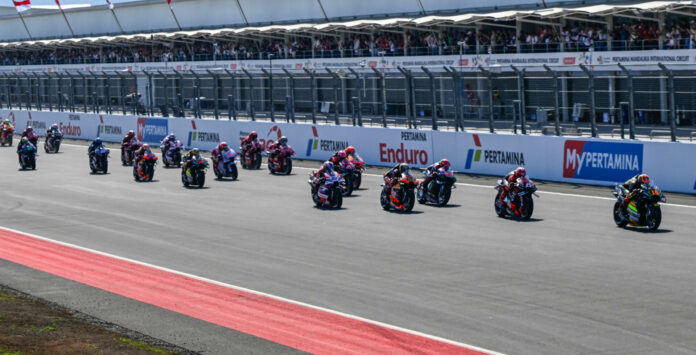 The start of the MotoGP Tissot Sprint race at Mandalika International Street Circuit in 2023. Photo courtesy Dorna.