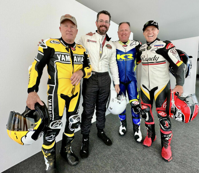Brian Case with Kenny Leroy Roberts (a.k.a. Sr.), Kenny Lee Roberts (a.k.a. Jr.), and Randy Mamola at Goodwood earlier this year. World Champions Kenny Sr. and Kenny Jr. are both at the Barber Vintage Festival. Photo courtesy Barber Motorsports Museum.