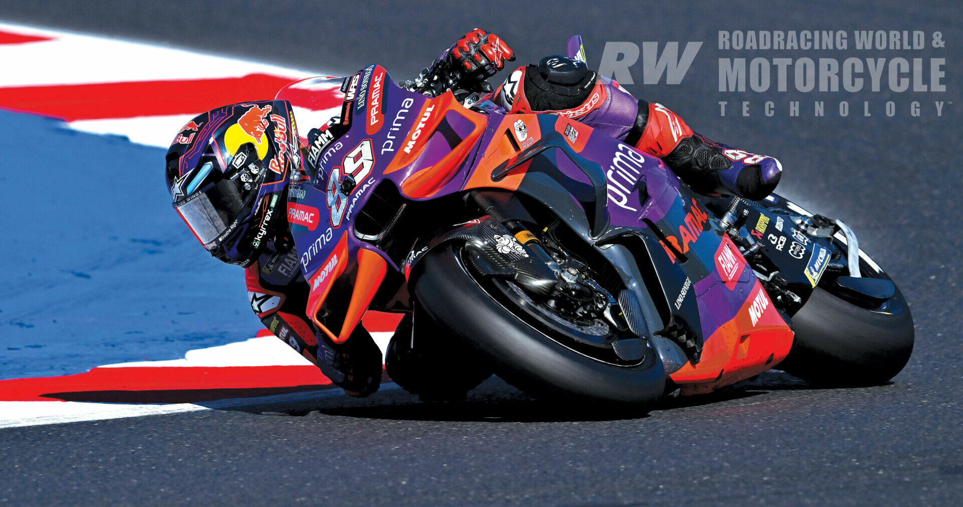 Jorge Martin (89) on his Prima Pramac Ducati GP24 racebike. He adjusts his lean angle and what he does on the bike based on tire feedback. Photo by Gigi Soldano/DPPi Media.