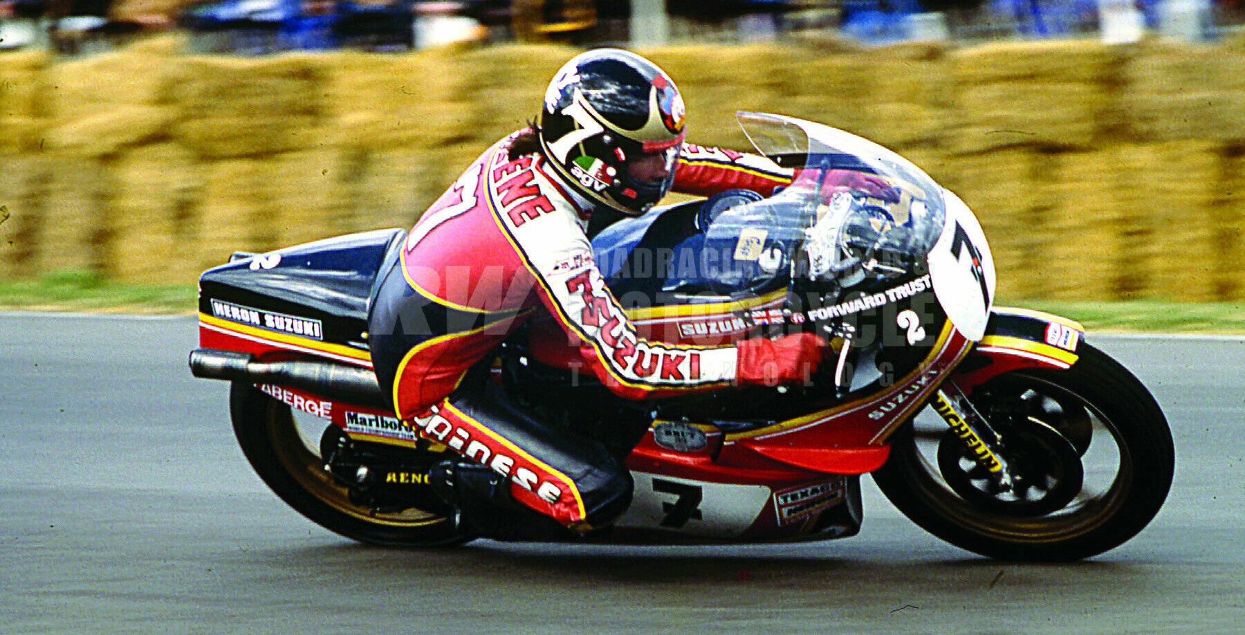 Downforce aero isn’t brand new. In 1978 Suzuki equipped its factory RG500s, ridden by Barry Sheene and Pat Hennen, with fairing strakes, designed to increase load on the front tire for improved front grip and high-speed stability.
