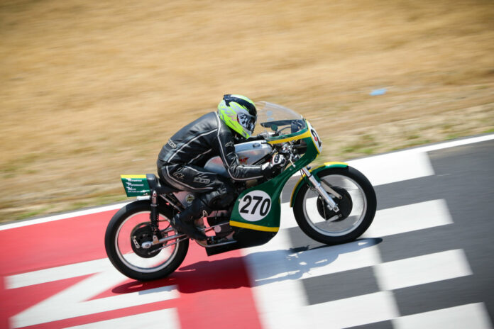 Rob Hall (127) in an AHRMA Vintage Cup Race featuring 350cc GP at New Jersey Motorsports Park. Photo by Craig Chawla/courtesy AHRMA.