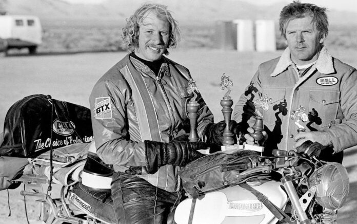 Tony Murphy (right) and WERA 24-hour race teammate Steve Peterman pose after a race weekend at Las Vegas, in November 1976. Peterman rode his Triumph Trident from Los Angeles to Las Vegas and back. Photo by John Ulrich, copyright 2011 Roadracing World Publishing, Inc.