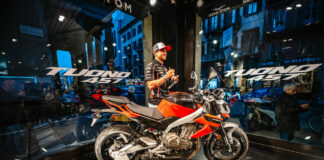 Jorge Martin in Milan to mark the launch of pre-orders for the new Aprilia Tuono 457. Photo courtesy Aprilia.