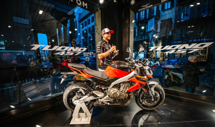 Jorge Martin in Milan to mark the launch of pre-orders for the new Aprilia Tuono 457. Photo courtesy Aprilia.