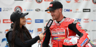 TSN and RDS CSBK pit lane reporter Sarah Said interviews Superbike champion Ben Young at the final round of the 2024 season. Photo courtesy Rob O'Brien / CSBK.