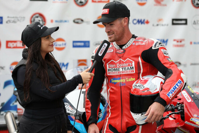 TSN and RDS CSBK pit lane reporter Sarah Said interviews Superbike champion Ben Young at the final round of the 2024 season. Photo courtesy Rob O'Brien / CSBK.