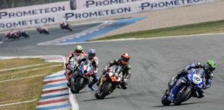 WSBK race at TT Assen with Gardner (87), Sam Lowes (14) and Razgatlioglu (1). Photo courtesy Dorna.