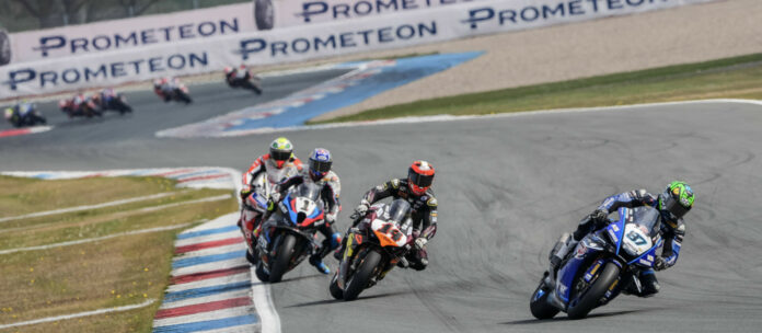 WSBK race at TT Assen with Gardner (87), Sam Lowes (14) and Razgatlioglu (1). Photo courtesy Dorna.
