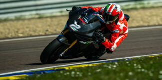 Franco Battaini in action on the new Ducati MotoE V21L. Photo courtesy Ducati Corse.