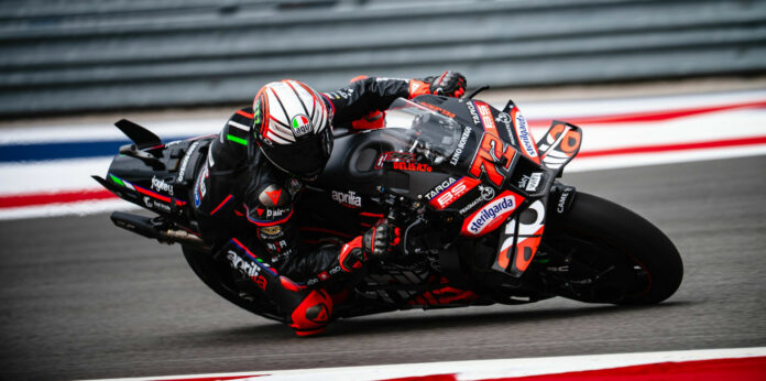 Marco Bezzecchi on his Aprilia Racing RS-GP25 at COTA, Austin. Photo courtesy Aprilia Racing.