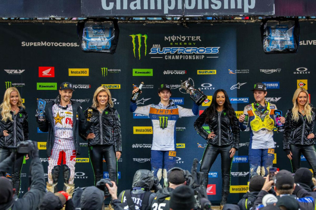 250SX Class podium (riders left to right) RJ Hampshire, Cole Davies, and Haiden Deegan. Photo courtesy Feld Motor Sports.