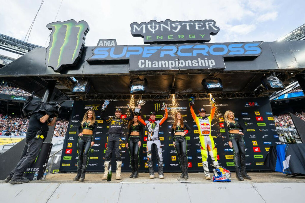 250SX Class podium (riders left to right) RJ Hampshire, Seth Hammaker, and Tom Vialle. Photo courtesy Feld Motor Sports.