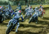 Mission AFT SuperTwins riders at the start of the Main Event in Ventura; Dallas Daniels (32), Briar Bauman (3), Max Whale (18), Brandon Robinson (44) Photo courtesy: American Flat Track/Tim Lester