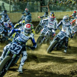 Mission AFT SuperTwins riders at the start of the Main Event in Ventura; Dallas Daniels (32), Briar Bauman (3), Max Whale (18), Brandon Robinson (44) Photo courtesy: American Flat Track/Tim Lester