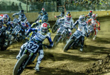 Mission AFT SuperTwins riders at the start of the Main Event in Ventura; Dallas Daniels (32), Briar Bauman (3), Max Whale (18), Brandon Robinson (44) Photo courtesy: American Flat Track/Tim Lester