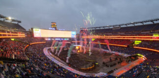 Gillette Stadium delivered the first true mud race of the 2025 Monster Energy AMA Supercross Championship. The brutal conditions helped two new winners in 2025 rise above their competition and record the first season in the sport’s history to produce 18 different winners. Photo courtesy Feld Motor Sports.