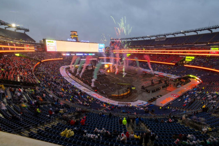Gillette Stadium delivered the first true mud race of the 2025 Monster Energy AMA Supercross Championship. The brutal conditions helped two new winners in 2025 rise above their competition and record the first season in the sport’s history to produce 18 different winners. Photo courtesy Feld Motor Sports.