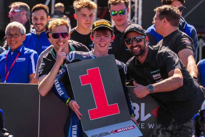 Chris Clark pulls off a stunning win in Portimao on Yamaha R3 World Cup Debut. Photo courtesy Chris Clark Racing.