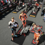Razgatlioglu, Bulega and Petrucci in parc fermé after the Tissot Superpole. Photo courtesy Dorna.