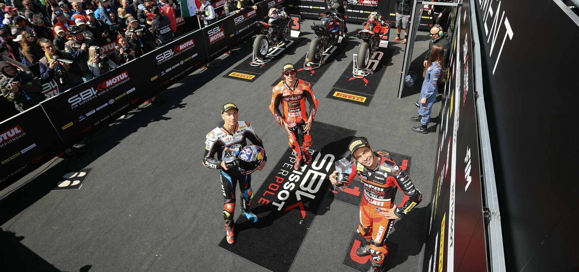 Razgatlioglu, Bulega and Petrucci in parc fermé after the Tissot Superpole. Photo courtesy Dorna.