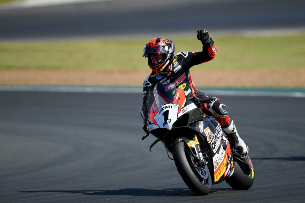 Waters soaks up the victory spoils in the SW-Motech Superbike opener. Photo courtesy Russell Colvin