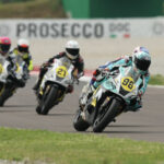 Ponziani (96), Lewis (21) and Madrigal (83) during Race 1 at Cremona. Photo courtesy Dorna.