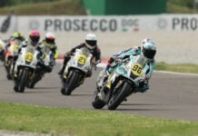 Ponziani (96), Lewis (21) and Madrigal (83) during Race 1 at Cremona. Photo courtesy Dorna.