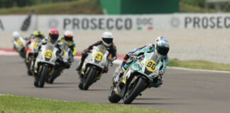 Ponziani (96), Lewis (21) and Madrigal (83) during Race 1 at Cremona. Photo courtesy Dorna.