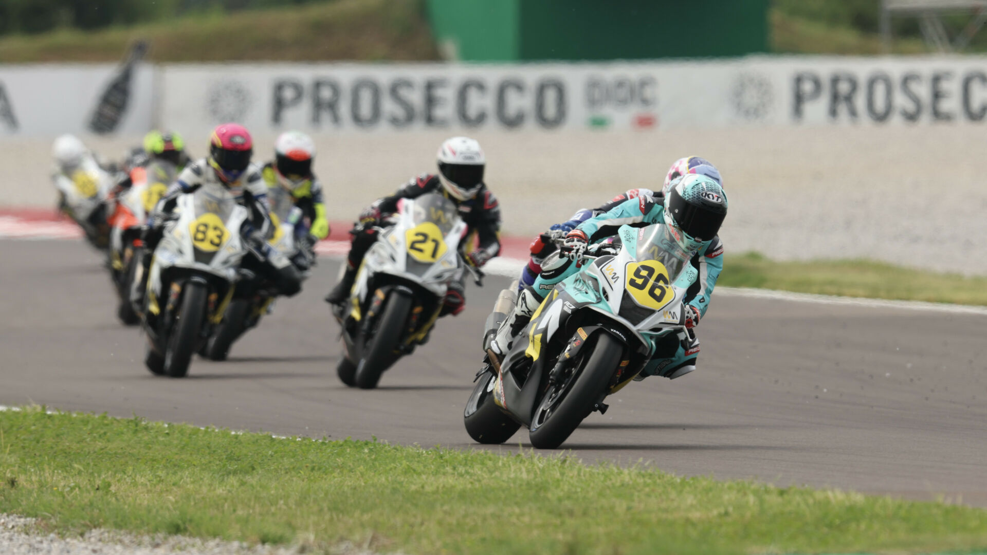 Ponziani (96), Lewis (21) and Madrigal (83) during Race 1 at Cremona. Photo courtesy Dorna.