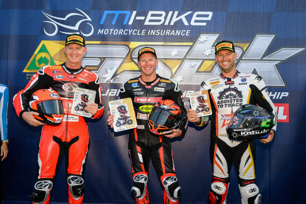 Top three overall in SW-Motech Superbike: (L to R) Allerton, Waters and West. Photo courtesy RbMotoLens