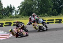 Bautista (19), Lowes (14), Iannone (29), Gardner (87), Vierge (97) during WSBK Race 1 at Cremona. Photo courtesy Dorna.