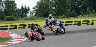 Bautista (19), Lowes (14), Iannone (29), Gardner (87), Vierge (97) during WSBK Race 1 at Cremona. Photo courtesy Dorna.