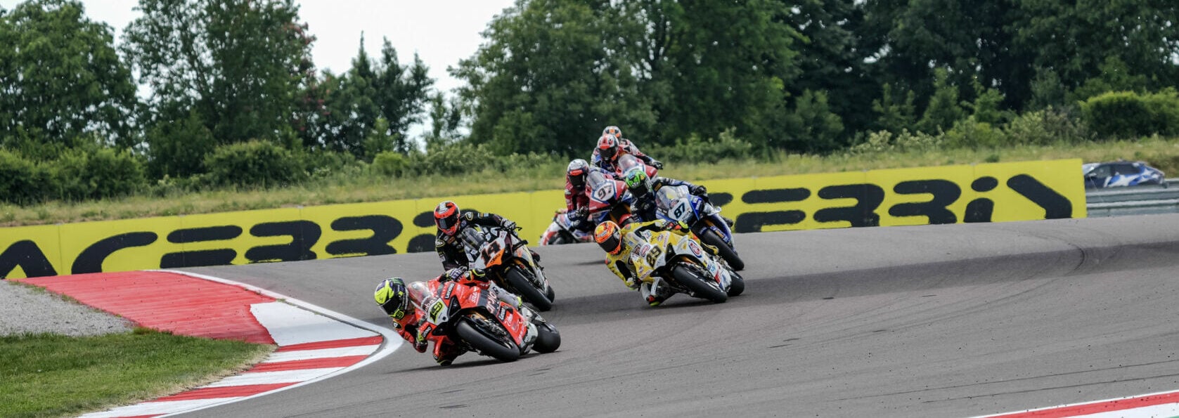 Bautista (19), Lowes (14), Iannone (29), Gardner (87), Vierge (97) during WSBK Race 1 at Cremona. Photo courtesy Dorna.