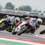 Debise (53), Booth-Amos (69) and Caricasulo (64) during WSSP Race 1 at Cremona. Photo courtesy Dorna.