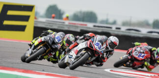 Debise (53), Booth-Amos (69) and Caricasulo (64) during WSSP Race 1 at Cremona. Photo courtesy Dorna.