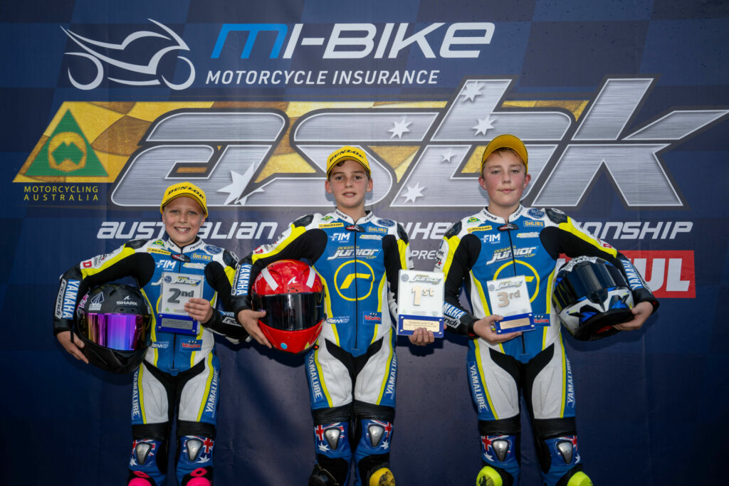 The Queensland Raceway top three: (L to R) Chaz Williams, Connor Lewis and Hunter Charlett