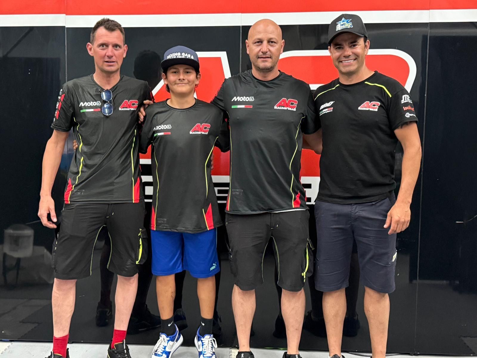 Mikey Lou Sanchez (second from left) poses with his new team, from left to right, Ricardo Rama (Team Assistant Manager), Alessandro Casinari (Team Owner) and Nico Ferreira (Sporting Manager). Photo courtesy Trinity Richardson Sanchez.