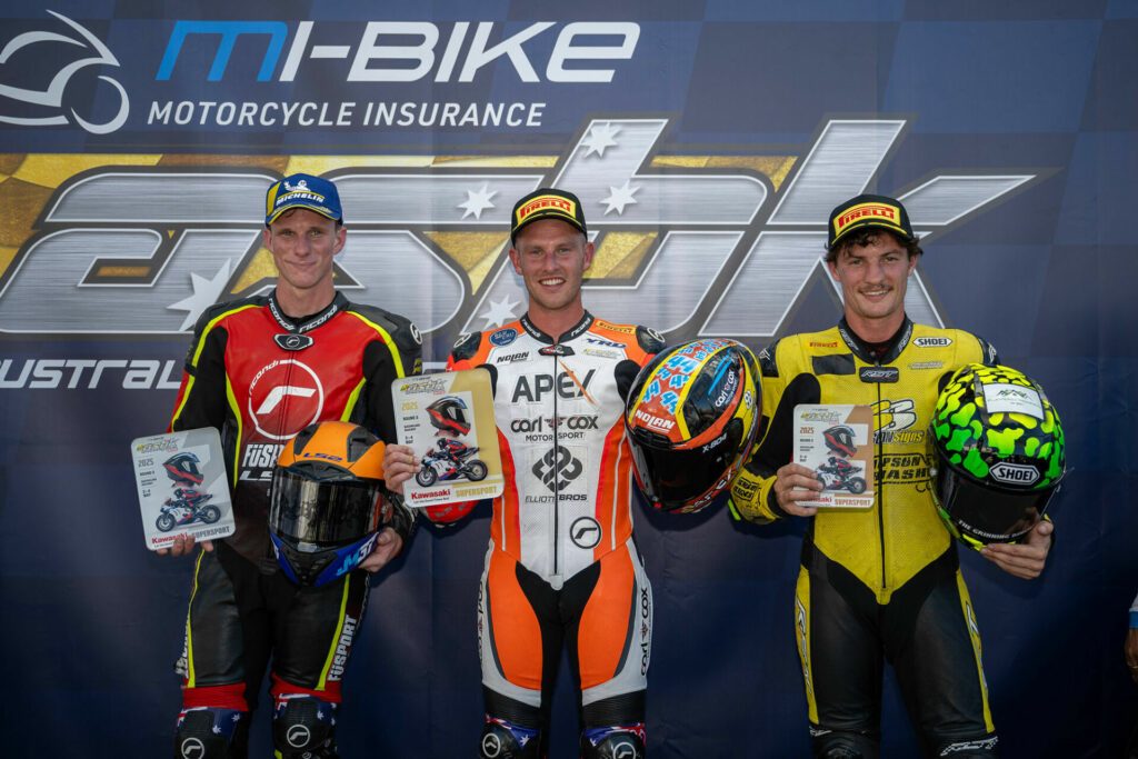 The Kawasaki Supersport top three at Queensland Raceway: (L to R) Jack Mahaffy, Tom Bramich and Olly Simpson